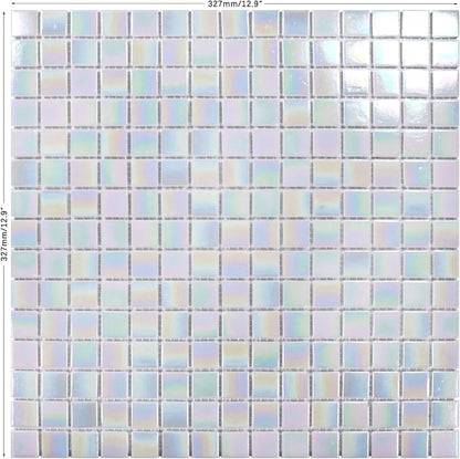 11.5sq.ft Iridescent White Glass Mosaic Tile for Bathroom, Pool, Backsplash | Waterproof Wall & Floor Tile. Heat & frost resistant outdoors. Mesh-mounted easy install. Use any grout. Easy clean. 10pcs.