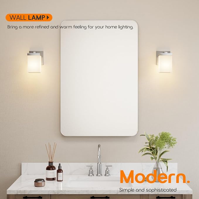 Bathroom Lighting Fixtures Brushed Nickel Vanity Lights with White Frosted Glass Shade, Wall Lamps Over Mirror for Bedroom Porch, 2 Pack T003BR-L1-P2