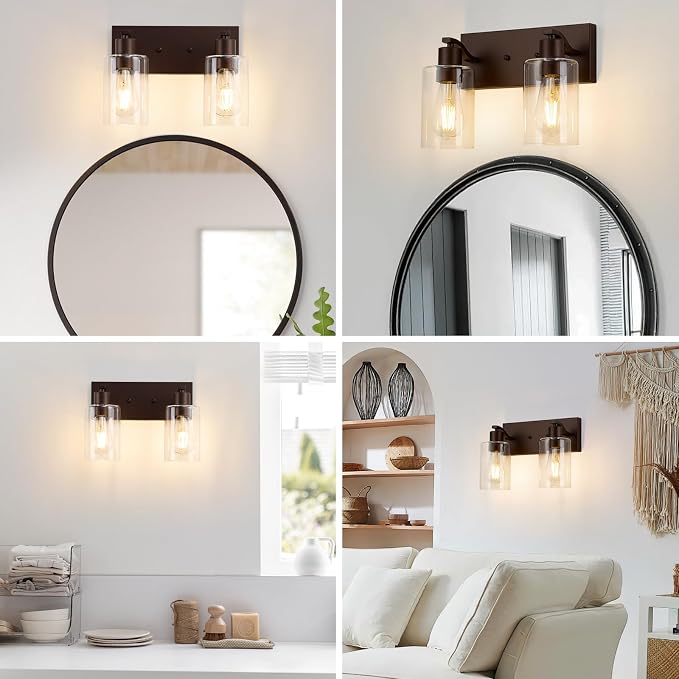 2 Lights Bathroom Light Fixtures Oil Rubbed Bronze Vanity Light with Clear Glass Shade 13in Modern Bathroom Lighting Fixtures Over Mirror for Bedroom/Living Room