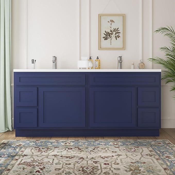 Vanity Art 72 Inch Bathroom Vanity with 2-Door 4-Drawer, Wood Bathroom Vanity Cabinet with Soft Closing Drawer, Floor Mounted Blue Cabinet Without Top VA4072-LRBU