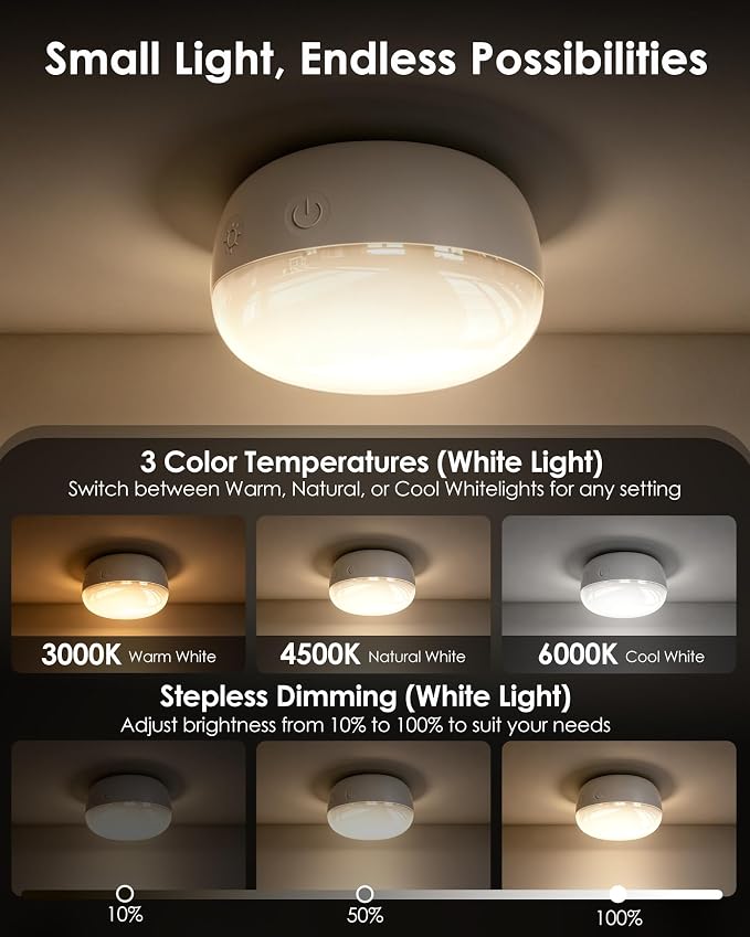 Rechargeable Shower Light, 4″ Round, 300LM Bright, 4000mAh Waterproof Shower Lamp with Remote, 15 RGB Colors & 3 CCT White, Dimmable Cordless LED Bathroom Light, Magnetic Mount Mood Lighting