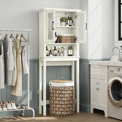 Over The Toilet Storage Cabinet, Over Toilet Bathroom Organizer with Doors and Adjustable Shelf, Thicken Frame Above Toilet Storage Cabinet Behind Toilet Bathroom Organizer, Cream White