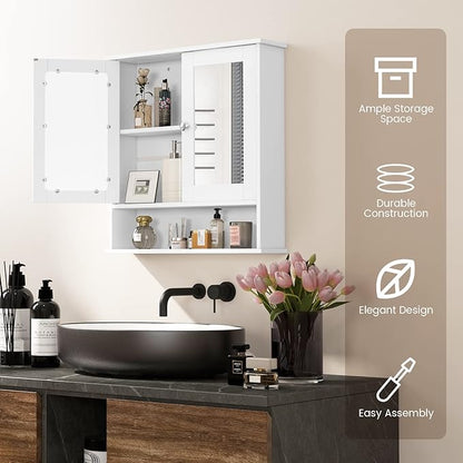 COSTWAY Bathroom Cabinet Wall Mount, Wooden Medicine Cabinet with 2 Mirror Doors, Adjustable Shelf, Open Compartment, for Laundry, Living Room, Kitchen, White