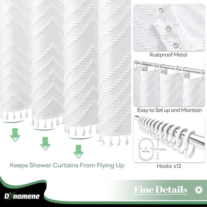 Boho Farmhouse Fabric Shower Curtain Tufted Chevron 72"x72" White | Elegant Tassel, Soft Lightweight Textured Cloth, Water Repellent, Washable, Hotel Spa, for Bathroom/Dorm/Apartment 12 Hooks