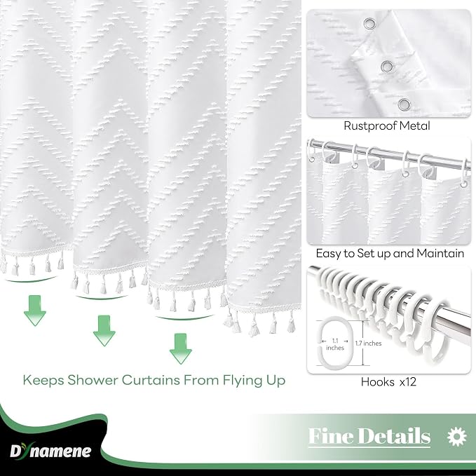 Long Boho Farmhouse Shower Curtain Tufted Chevron 72"x78" White | 78 Inch Tall, Elegant Tassel, Lightweight Textured Fabric, Water Repellent, Washable, Hotel Spa, for Bathroom/Dorm 12 Hooks