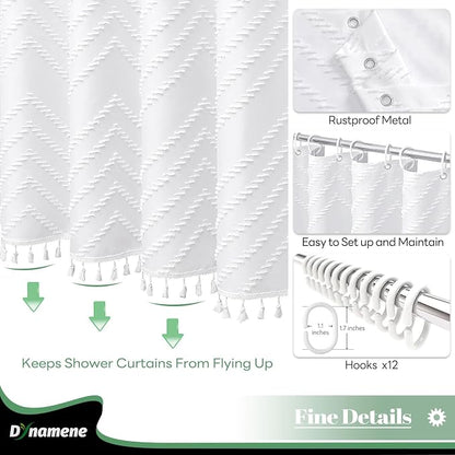 Long Boho Farmhouse Shower Curtain Tufted Chevron 72"x78" White | 78 Inch Tall, Elegant Tassel, Lightweight Textured Fabric, Water Repellent, Washable, Hotel Spa, for Bathroom/Dorm 12 Hooks