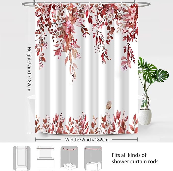 Red Floral Eucalyptus Shower Curtain with Hooks, 72x72 Inch | Waterproof Fabric, Watercolor Leaves and Floral, Botanical Style, Machine Washable, Quick-Drying, for Hotel Bathroom