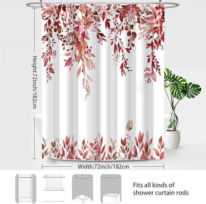 Red Floral Eucalyptus Shower Curtain with Hooks, 72x72 Inch | Waterproof Fabric, Watercolor Leaves and Floral, Botanical Style, Machine Washable, Quick-Drying, for Hotel Bathroom