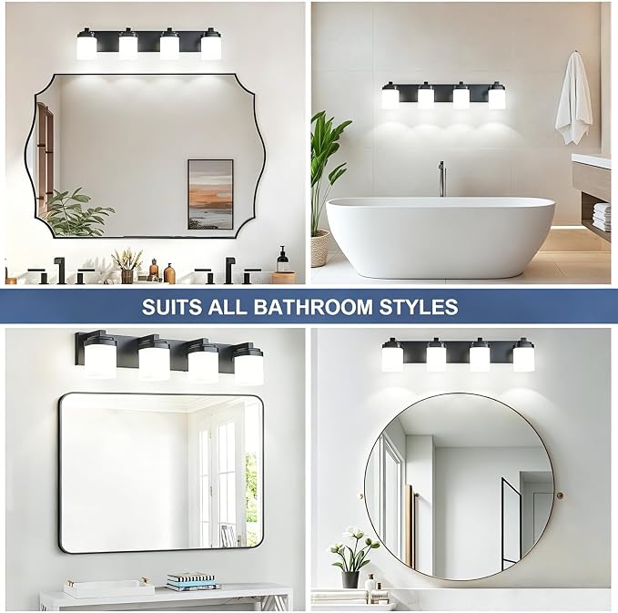 Bathroom Vanity Lights, Modern Bathroom Light Fixtures Over Mirror | 4-light black light fixture bathroom with milky white square glass shade, 29" farmhouse lighting fixtures lights for wall