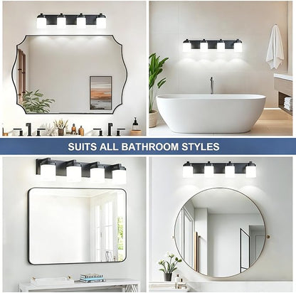 Bathroom Vanity Lights, Modern Bathroom Light Fixtures Over Mirror | 4-light black light fixture bathroom with milky white square glass shade, 29" farmhouse lighting fixtures lights for wall