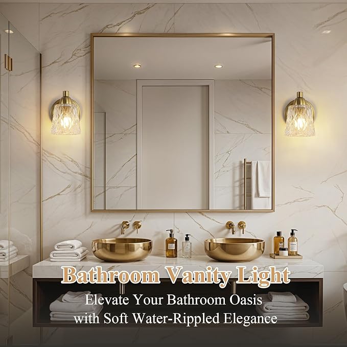 Mecgirn Stainless Steel Bathroom Vanity Light Over Mirror, 1 Light Brushed Gold Bathroom Light Fixtures with Textured Glass Shades, Modern Vanity Lighting Wall Mount
