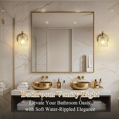 Mecgirn Stainless Steel Bathroom Vanity Light Over Mirror, 1 Light Brushed Gold Bathroom Light Fixtures with Textured Glass Shades, Modern Vanity Lighting Wall Mount
