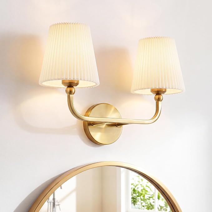 2-Light Gold Bathroom Vanity Light, Beige Pleated Fabric Shade | 17" 2-light gold double wall sconce with beige pleated fabric shades, E26 bulbs, hardwired, upward only, VL837-BG-Z-B-2