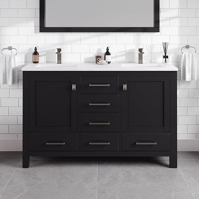 Eviva London 54 in. Espresso Double Sink Bath Vanity with Carrara Quartz Top and Undermount Porcelain Sinks
