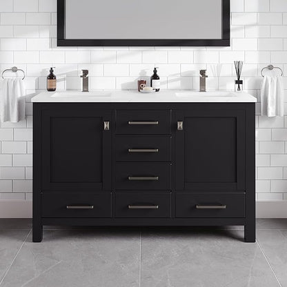 Eviva London 54 in. Espresso Double Sink Bath Vanity with Carrara Quartz Top and Undermount Porcelain Sinks