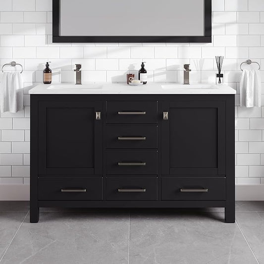 Eviva London 54 in. Espresso Double Sink Bath Vanity with Carrara Quartz Top and Undermount Porcelain Sinks
