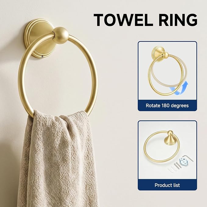 Sagetta Bathroom Hardware Set, 5-Piece Bath Accessories Set Wall Mount Includes 20 in Towel Bar, 16 in Towel Bar, Towel Ring, TP Holder, Towel Hook Brushed Gold