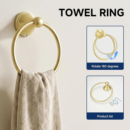 Sagetta Bathroom Hardware Set, 5-Piece Bath Accessories Set Wall Mount Includes 20 in Towel Bar, 16 in Towel Bar, Towel Ring, TP Holder, Towel Hook Brushed Gold