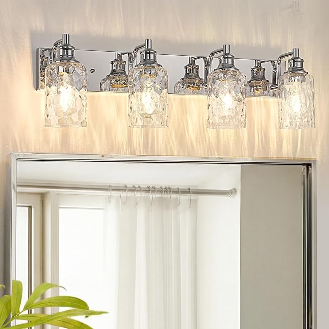 Bathroom Light Fixtures Over Mirror, 4 Lights Vanity Lights with Hammered Glass Shade, 30.8" Chrome Farmhouse Bathroom Light Fixtures for Bedroom, Porch, Hotel, Mirror Cabinet