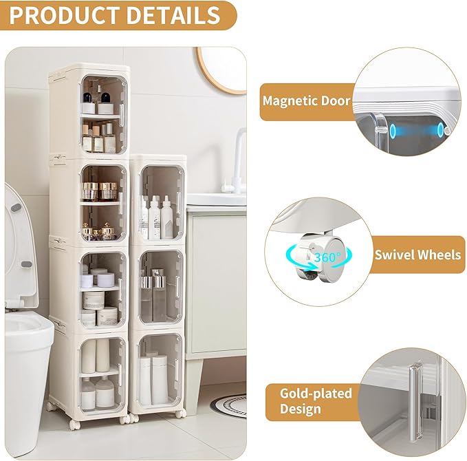 4-Tier Slim Tall Narrow Bathroom Storage Cabinet with Adjustable Shelves and Movable Wheels, Magnetic Doors, Plastic Storage Cabinets for Small Space, Cream White