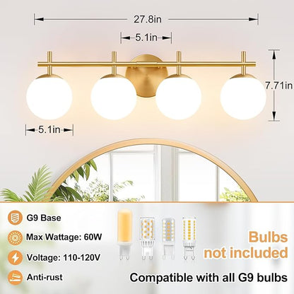 4-Light Bathroom Light Fixtures, Brushed Gold Vanity Lights for Bathroom with Milky White Glass Shade, Bathroom Lighting Fixtures Over Mirror, Wall Sconce for Bedroom (Bulb Not Included)