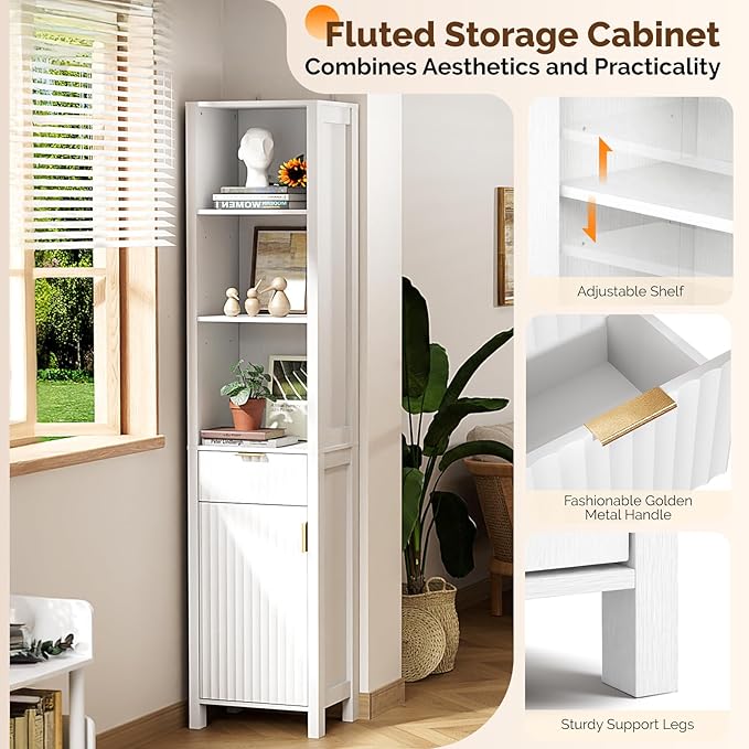 VINGLI 68" Tall Narrow Bathroom Storage Cabinet, Slim Freestanding Floor Cabinet with Fluted Door & Drawer, 12 Inch Deep Skinny Wood Organizer for Small Spaces, Kitchen & Living Room, White