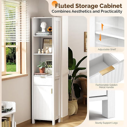VINGLI 68" Tall Narrow Bathroom Storage Cabinet, Slim Freestanding Floor Cabinet with Fluted Door & Drawer, 12 Inch Deep Skinny Wood Organizer for Small Spaces, Kitchen & Living Room, White