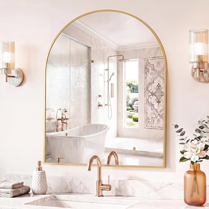 Sweetcrispy 30"x38" Arched Bathroom Mirror, Bathroom Mirrors for Over Sink | Modern Wall Mirrors Arch Decorative for Entryway, Bedroom, Vanity,Horizontal or Vertical Hanging, Gold
