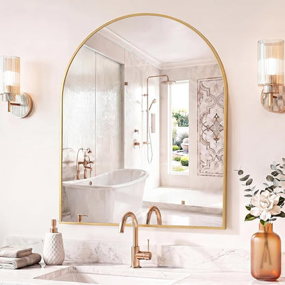 Sweetcrispy 30"x38" Arched Bathroom Mirror, Bathroom Mirrors for Over Sink | Modern Wall Mirrors Arch Decorative for Entryway, Bedroom, Vanity,Horizontal or Vertical Hanging, Gold