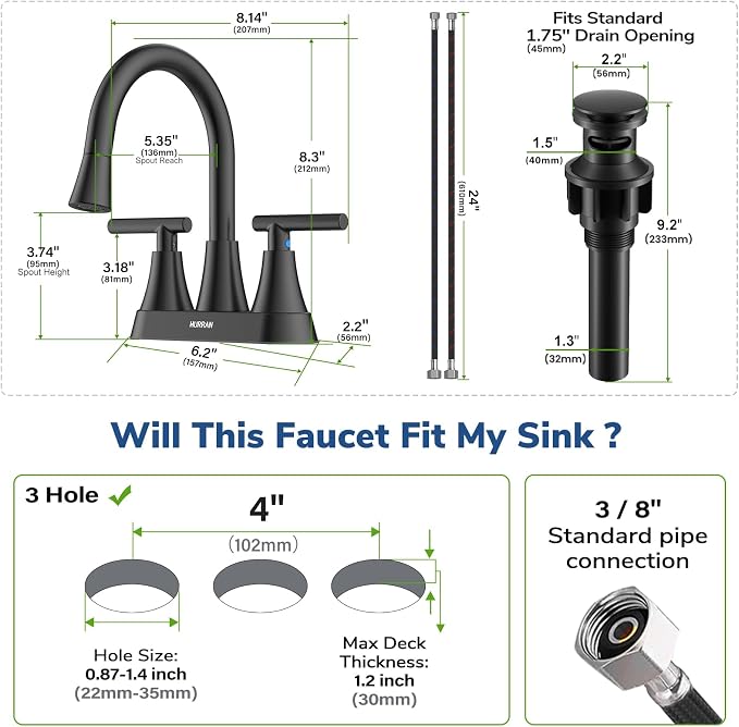 Centerset Bathroom Faucet with Pull Out Sprayer, 4 Inch 2 Handle Sink Faucet with Pop Up Drain, Stainless Steel Vanity Faucet with 2 Supply Hoses, Matte Black