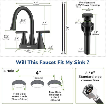 Centerset Bathroom Faucet with Pull Out Sprayer, 4 Inch 2 Handle Sink Faucet with Pop Up Drain, Stainless Steel Vanity Faucet with 2 Supply Hoses, Matte Black
