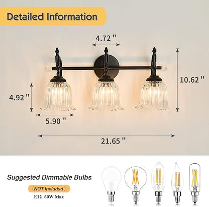 CVKASH 3-Light Bathroom Vanity Light Fixtures Over Mirror,Black Modern Vanity Light with Glass Shade Vintage Wall Sconce for Bedroom Dressing Room Living Room Hallway Cabinet