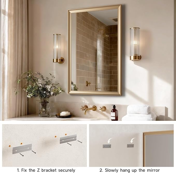 2 Pack Brushed Gold Bathroom Mirrors for Over Sink, 24x36 Inch | Champagne Gold Rectangle Vanity Mirror for Bedroom, Entryway, Living Room Decor, Aluminum Framed, Curved Wide Edge