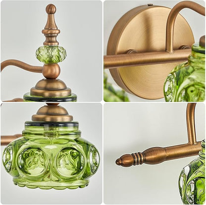 Vintage 3-Light Bathroom Vanity Light Fixtures, Modern Brass Vanity Wall Sconces Over Mirror with Green Glass Shade for Bathroom Bedroom Living Room