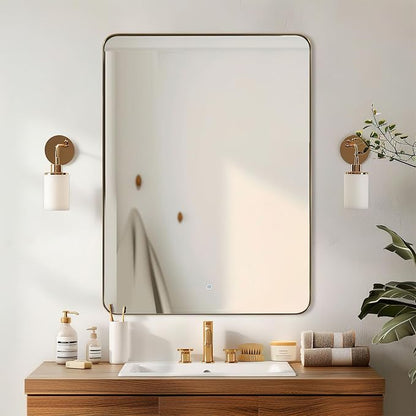 Gold Bathroom Mirror, 30x36 Brushed Brass Rectangle Mirror for Bathroom, Modern Rectangular Wall Mounted Mirror for Vanity, Crafted of Stainless Steel Metal Frame…