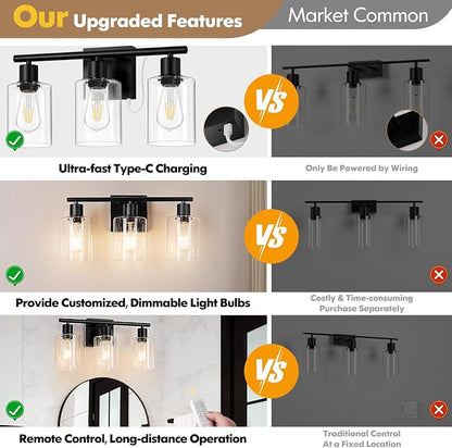 Battery Operated Wall Sconce, 3-Light Black Wireless Rechargeable Vanity Light Fixture with Remote & Bulbs, Dimmable Modern Indoor Non-Hardwired Wall Mounted Lamp for Bedroom, Living Room, Bathroom