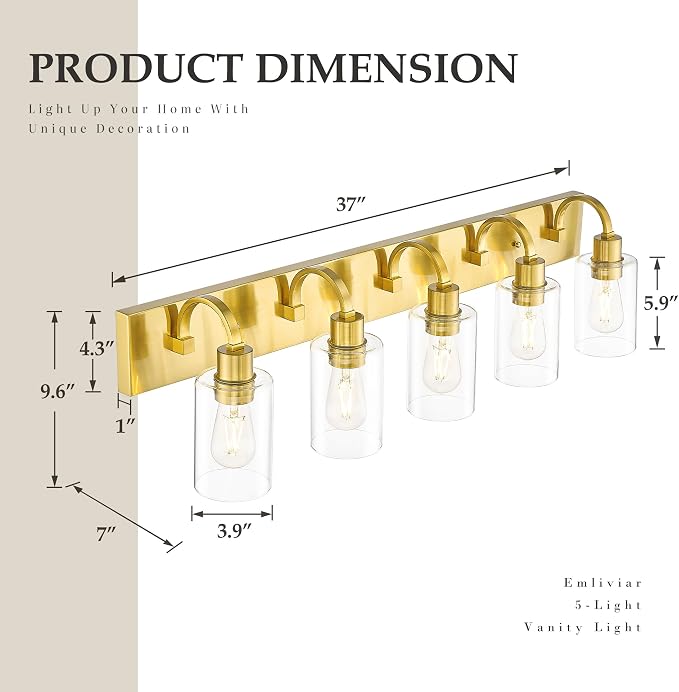 Emliviar 5-Light Vintage Vanity Lighting for Bathroom, 37-Inch Wall Mount Light Fixture with Clear Glass Shade, Brushed Gold Finish, YCE237B-5W BG
