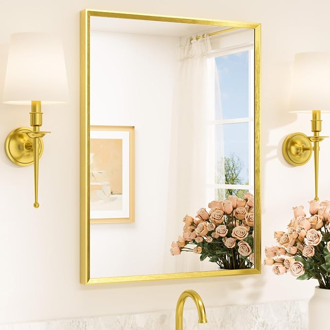 Brushed Gold Mirror for Bathroom Sink 24" x 32" Beveled Frame Brushed Brass Gold Vanity Rectangle Mirror for Bathroom Wall, Modern Farmhouse, Tempered Glass, Stronger Frame