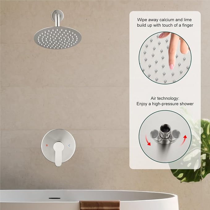 Heyalan 8-Inch Round Rain Shower Faucet Set with Valve, Brushed Nickel | SUS304 stainless steel shower head, brass rough-in valve, single-handle control, 1.8 GPM, ideal for bathroom remodels