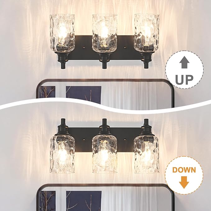 Bathroom Light Fixtures Over Mirror, 3 Lights Vanity Lights with Hammered Glass Shade, 17.8" Matte Black Farmhouse Bathroom Light Fixtures for Bedroom, Porch, Hotel, Mirror Cabinet