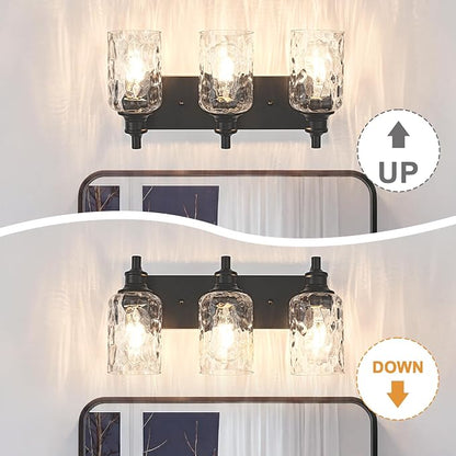 Bathroom Light Fixtures Over Mirror, 3 Lights Vanity Lights with Hammered Glass Shade, 17.8" Matte Black Farmhouse Bathroom Light Fixtures for Bedroom, Porch, Hotel, Mirror Cabinet
