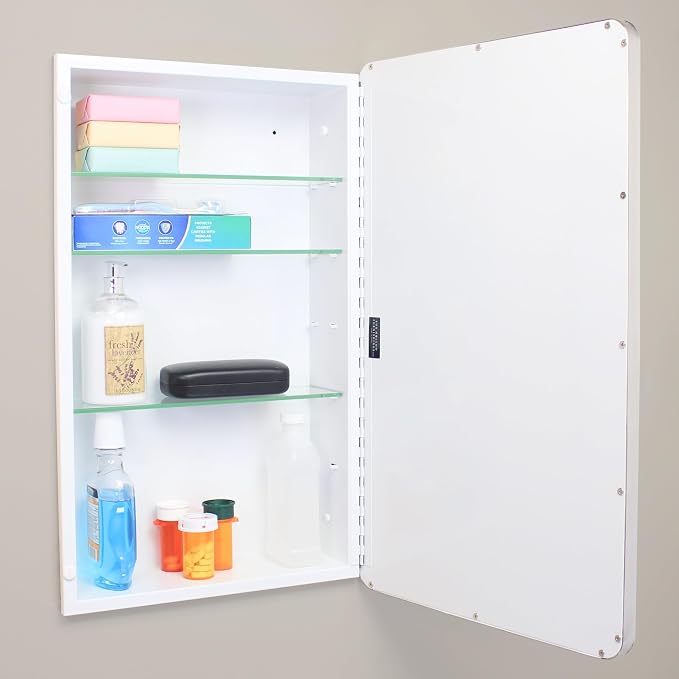 16x26 Austin Farmhouse Metal Framed Rounded Rectangle Recessed Bathroom Medicine Cabinet, Beveled Mirror, 14x24 in-Wall Opening, powder-coated Steel, Adjustable Glass Shelves, Magnet Close, Chrome