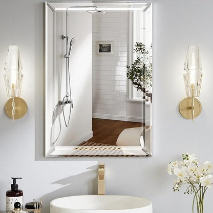 Bathroom Medicine Cabinet with 16x26 Inch Frameless Beveled Edge Mirror, Surface/Recessed Mount Vanity Storage Cabinet for Bathroom