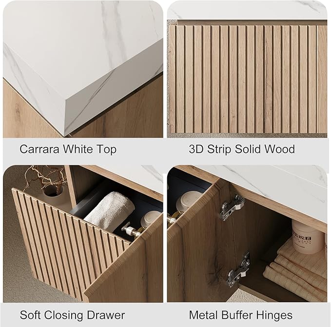 Ambrovina 48 inch Floating Bathroom Vanity with Sink, Wall Mounted Storage Vanities with Drawer and 2 Doors, Carrara White Sintered Stone Top and Ceramic Basin, Pre-Assembled Cabinet, Light Wooden