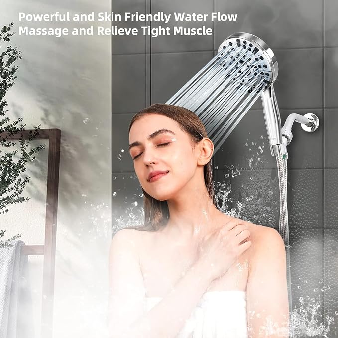 BESAQUO Shower Head, 9 Settings High Pressure shower head with handheld, Built-in Pause Mode & Power Wash, Non-Clogging Nozzles, 6ft Hose,Bracket (Premium Chrome)