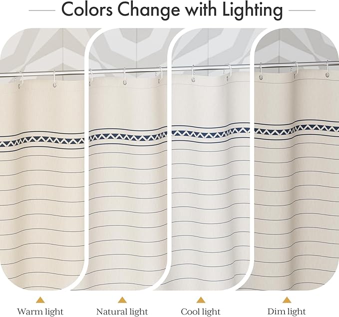 AmazerBath Boho Shower Curtain, Modern Farmhouse Shower Curtain Set with Tassels, Rustic Faux Linen Navy Blue Striped Shower Curtain with Hooks, Light Tan Toned, 72x72 Inches