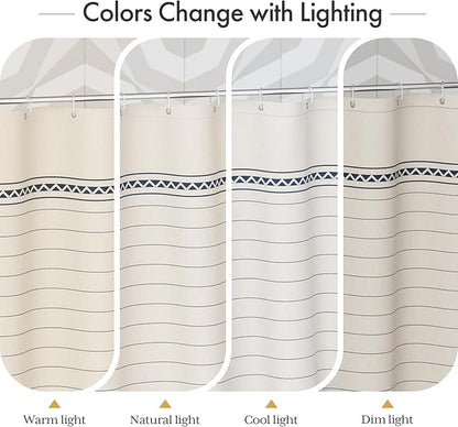 AmazerBath Boho Shower Curtain, Modern Farmhouse Shower Curtain Set with Tassels, Rustic Faux Linen Navy Blue Striped Shower Curtain with Hooks, Light Tan Toned, 72x72 Inches