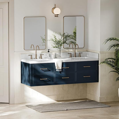 ARIEL Hutton 60-inch Bathroom Vanity with Sink,Solid Wood, 1.5-inch Carrara White Quartz Countertop & Backsplash, Double Rectangular Porcelain Sink, 3 Dovetail Drawers, Midnight Blue