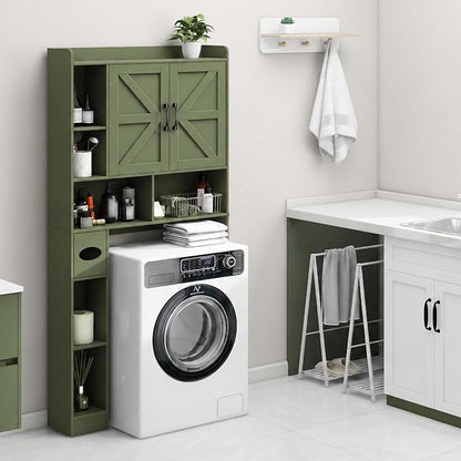 Vabches Over The Toilet Storage Cabinet with 2 Barn Doors, Green | Farmhouse Storage Cabinet with Toilet Paper Holder Stand，Home Space-Saving Toilet Rack, for Bathroom, Restroom, Laundry