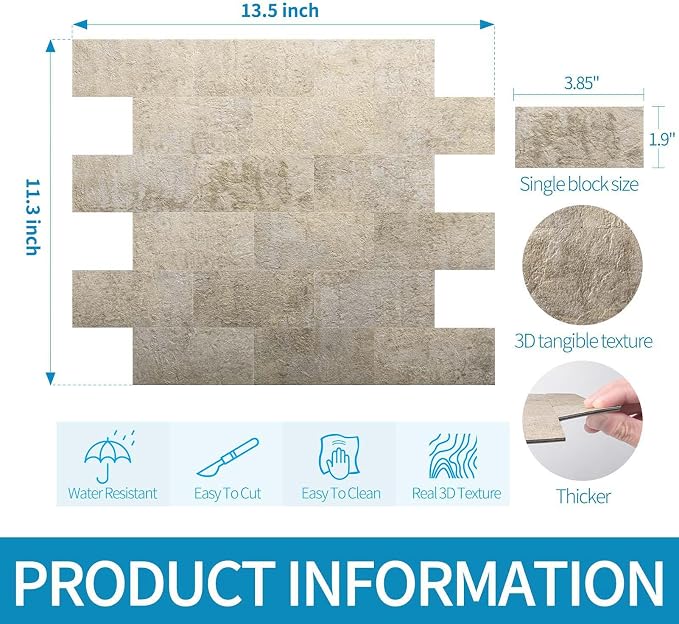 Art3d Peel and Stick Backsplash, Stick on Wall Tile, 10-Pack, Stone Beige | PVC, Self Adhesive, Splash Resistant, Multi-Surface Compatibility, Ideal for Kitchens, Fireplaces, Stair Areas